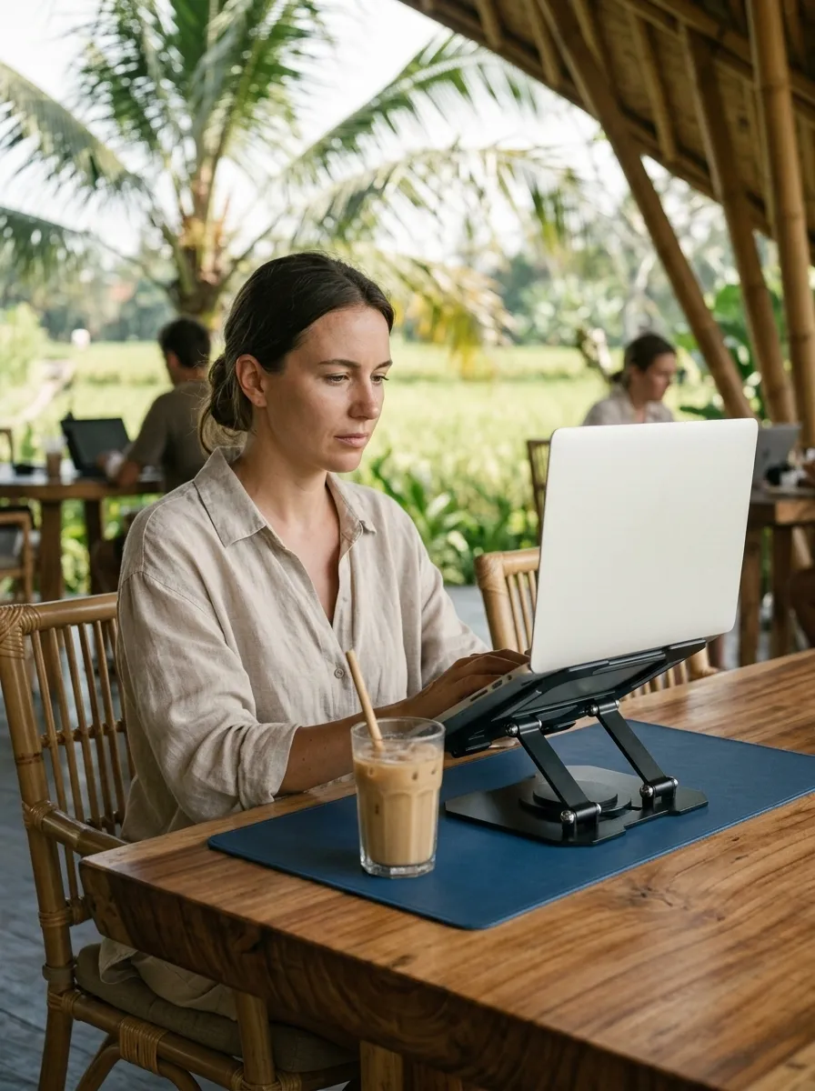A woman working at a raised laptop in an open-air bamboo coworking space in Bali