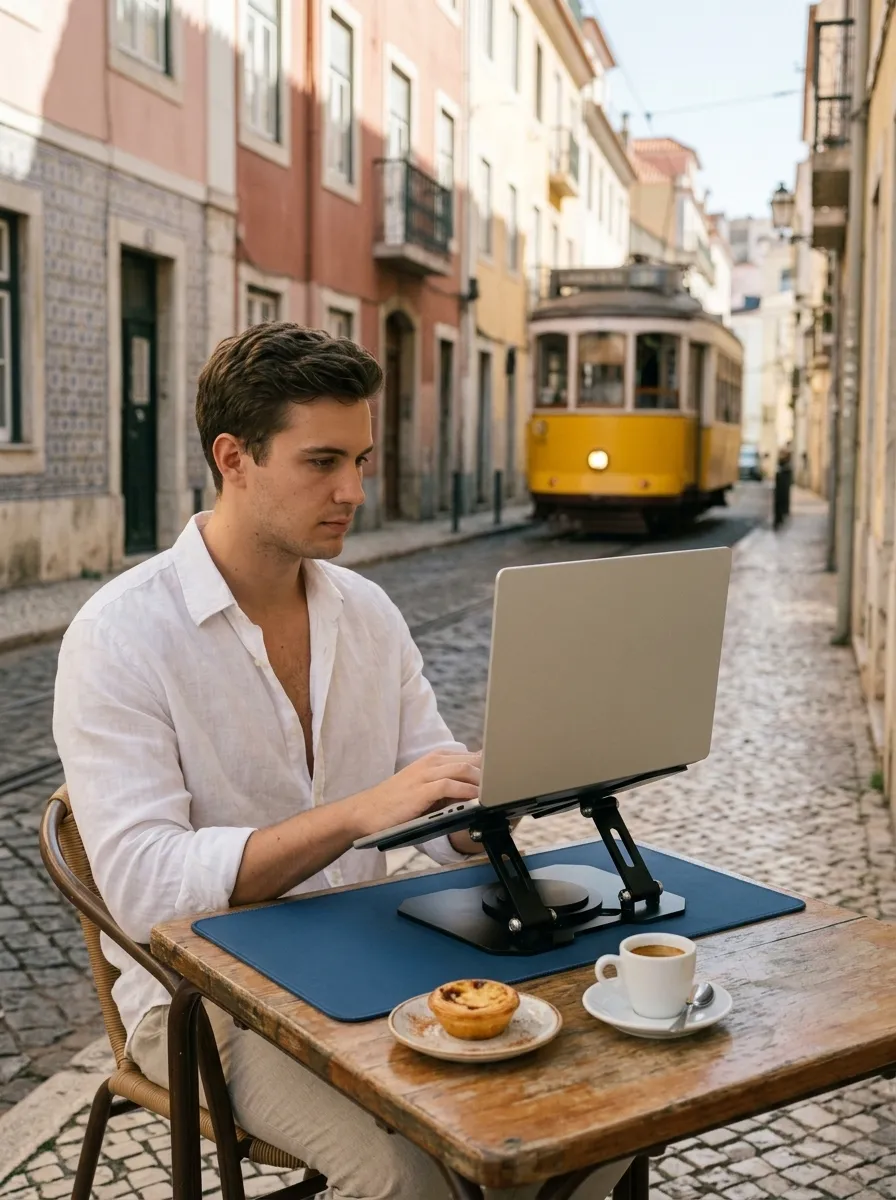A man working on a raised laptop at a sidewalk café in Lisbon