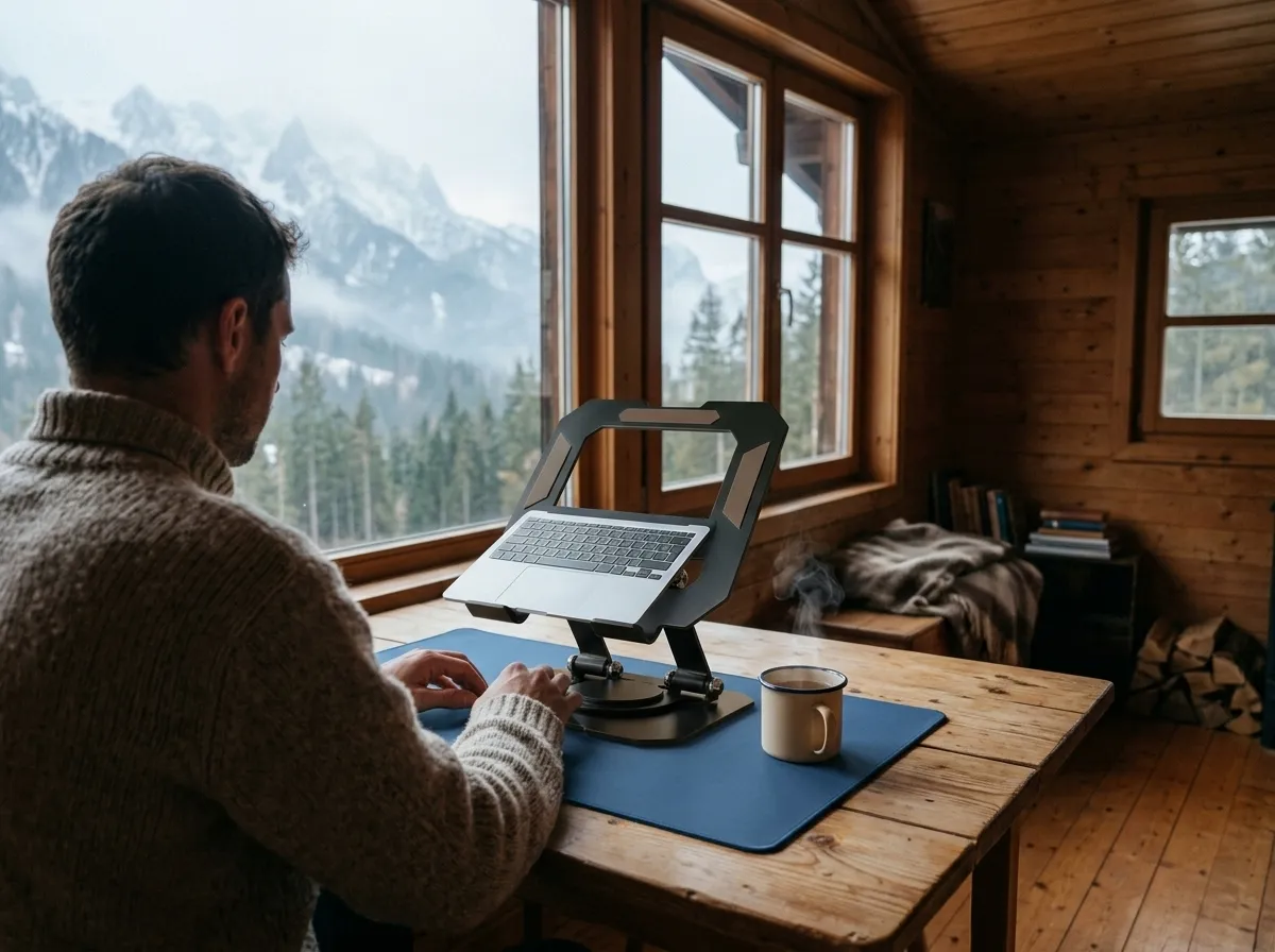 A person working at a pine table in a mountain cabin by a large window