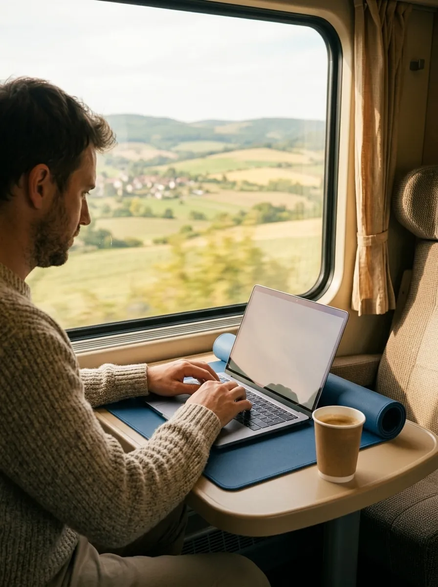 A man typing on a laptop on a desk mat at a train window table