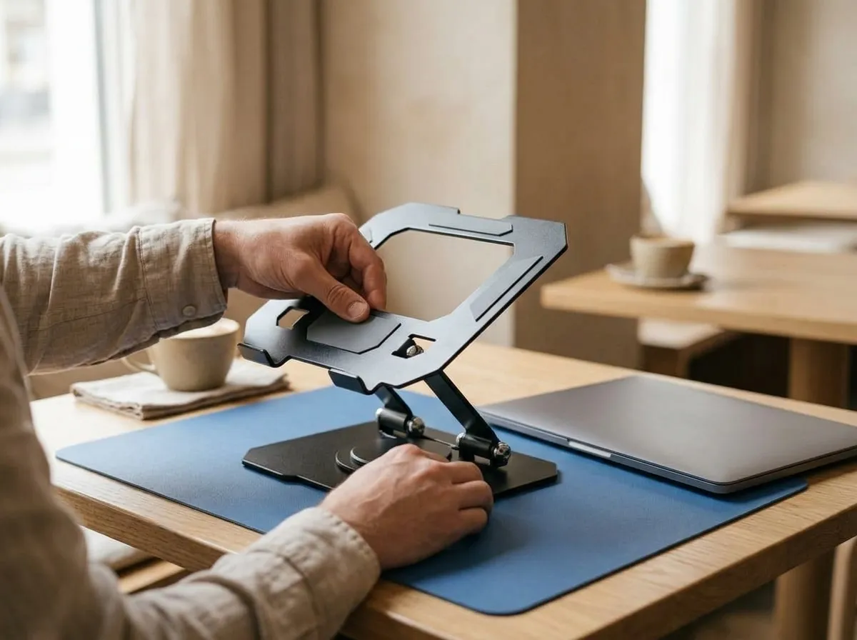 Hands opening a black fold-flat laptop stand on the desk mat